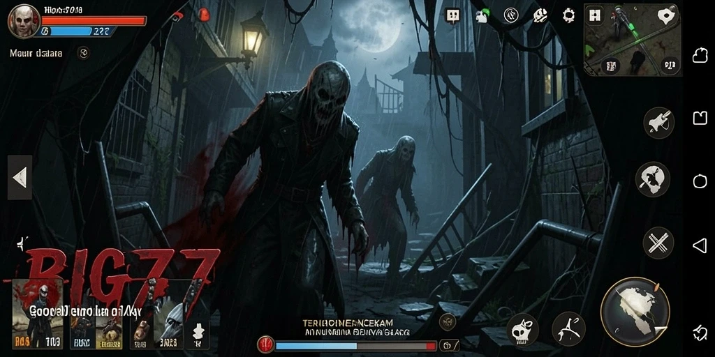 Screenshot menunjukkan gameplay mencekam di BIG77 dengan hantu menyeramkan.