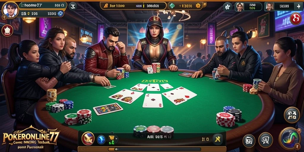 Screenshot gameplay menampilkan aksi poker yang mendebarkan di POKERONLINE77.