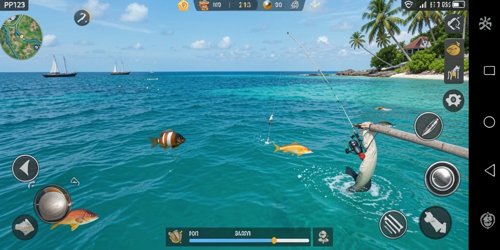 Screenshot gameplay PP123 dengan aksi memancing yang seru dan menantang.