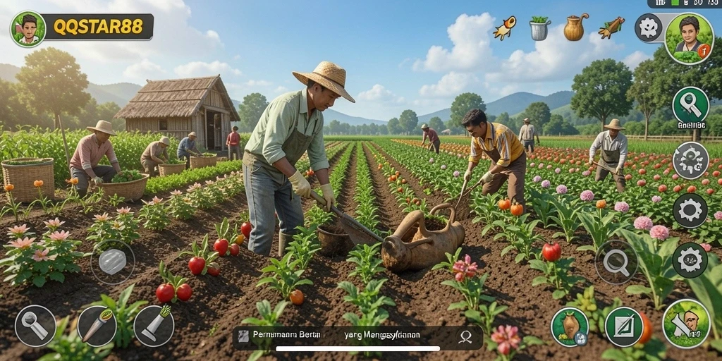 Screenshot QQSTAR88 menampilkan gameplay pertanian yang menarik dan berwarna.
