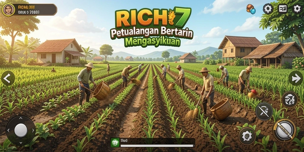 Tampilan utama RICH7 menunjukkan aktivitas bertani yang menyenangkan.