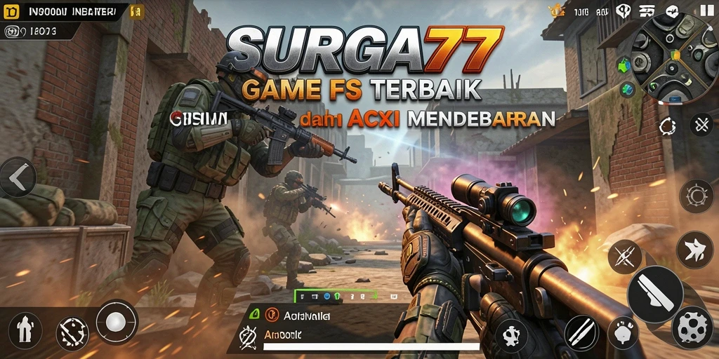 Tampilan layar gameplay yang intens di SURGA77, menunjukkan aksi tembak-menembak seru.